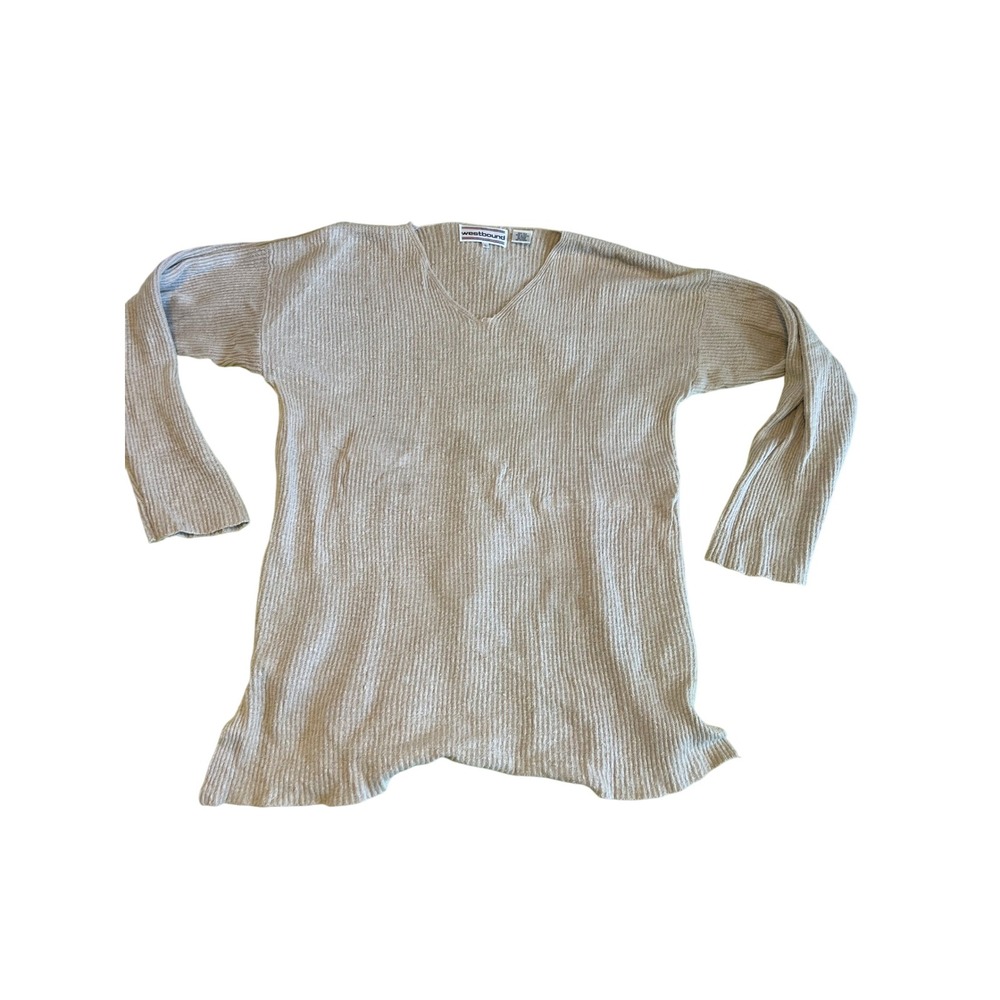 Vintage Westbound Women's Beige Ribbed V Neck Long Sleeve Silk Sweater Top L